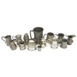 Collection of pewter baluster jugs and mugs and cylindrical tankards