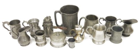 Collection of pewter baluster jugs and mugs and cylindrical tankards