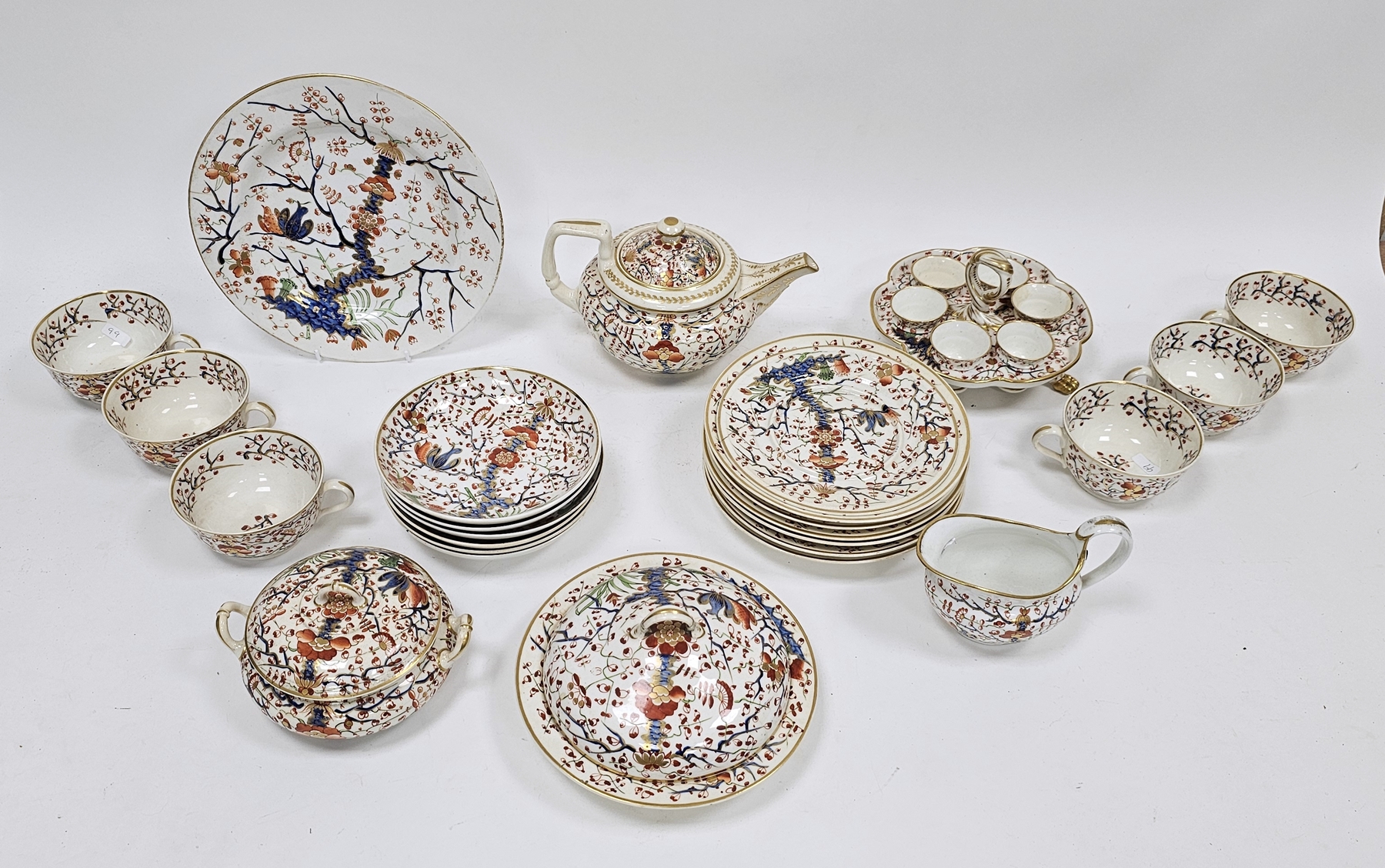 Derby porcelain imari pattern part breakfast service, mid 19th century, iron red crown batons - Image 2 of 3