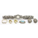Lady's Perfex white metal and marcasite cocktail watch, pair marcasite earrings, a turquoise and