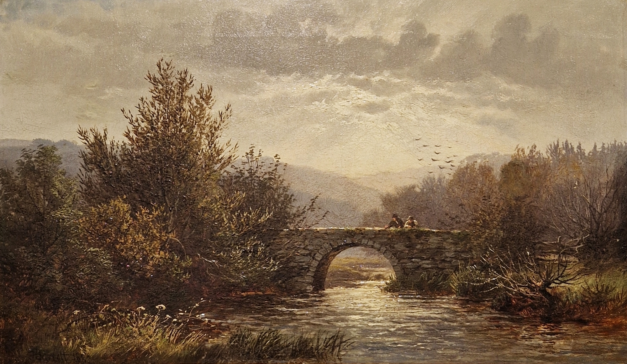 John Barrett (1822-1893) Oil on canvas Figures on a bridge in river landscape, inscribed verso .... - Bild 4 aus 6