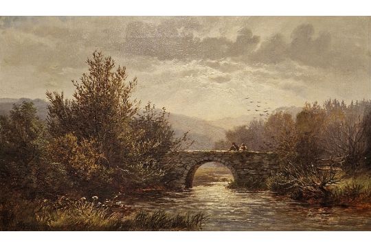 John Barrett (1822-1893) Oil on canvas Figures on a bridge in river landscape, inscribed verso .... - Image 4 of 6