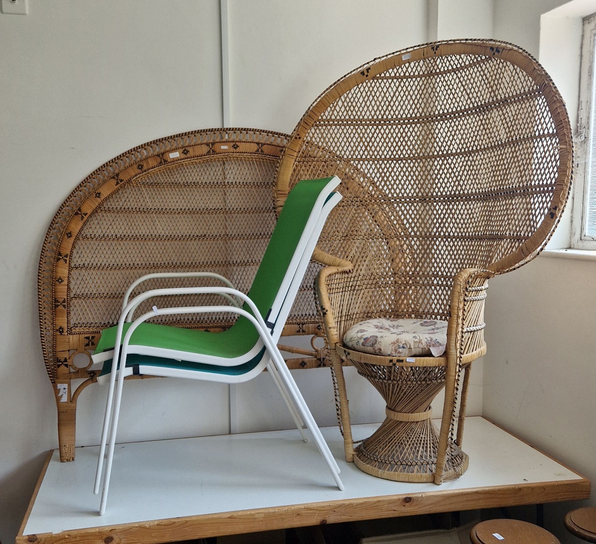 Mexicana-style cane chair, a matching 4ft bedhead, two nylon mesh and metal garden chairs, a box - Image 2 of 2