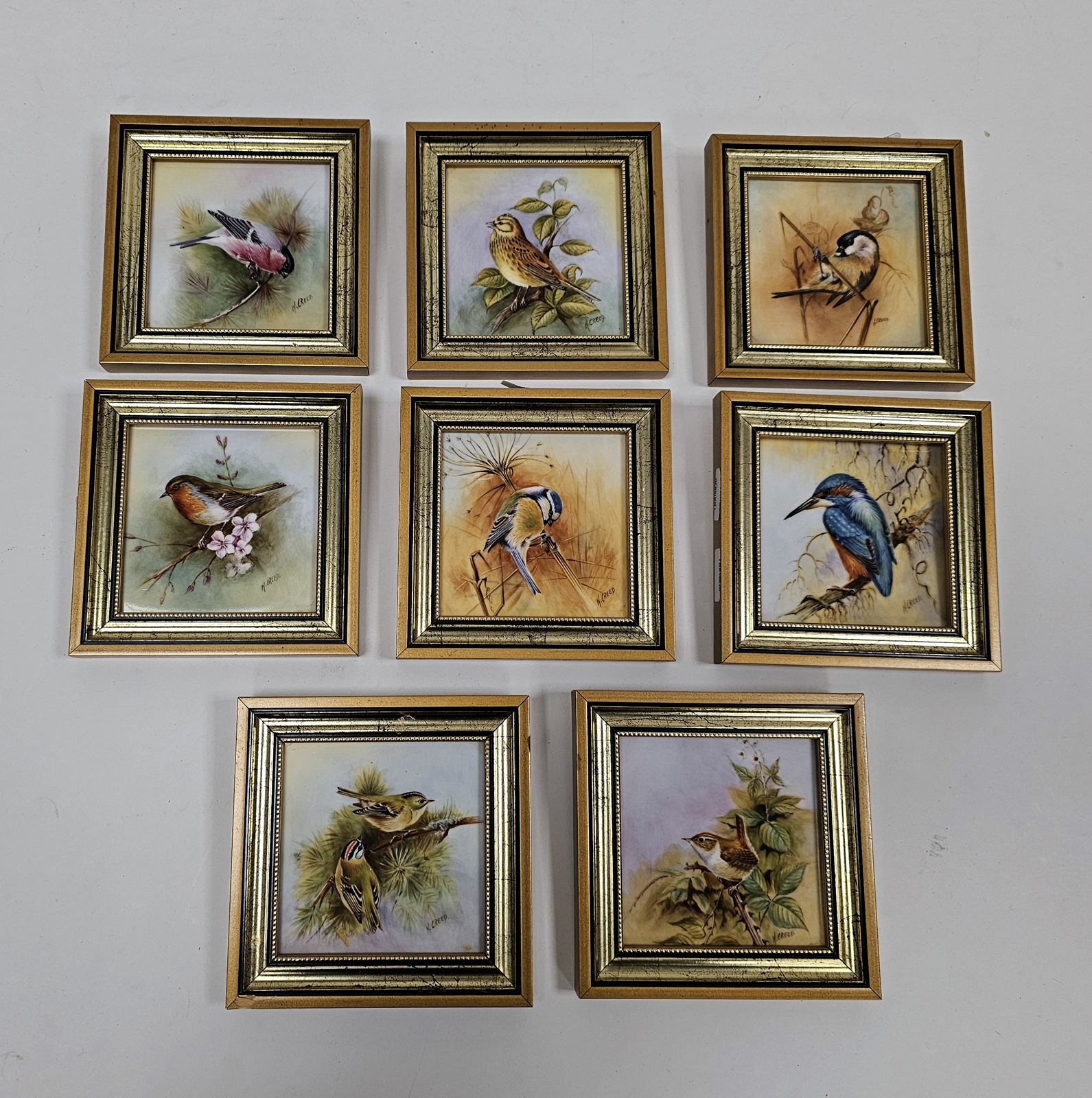 Eight framed Royal Worcester-style porcelain plaques of square section, painted with birds by N - Image 3 of 4