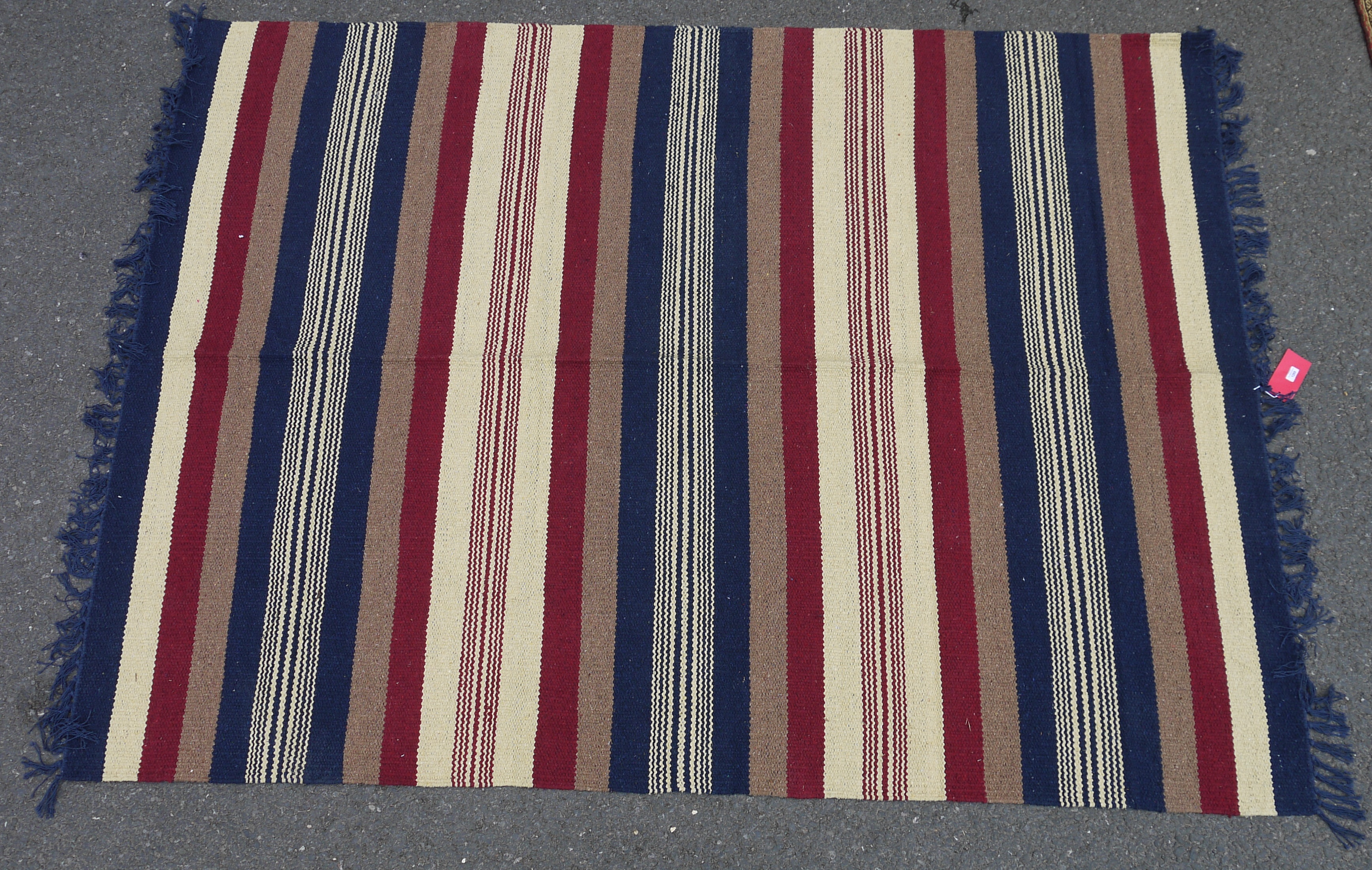 Contemporary striped kelim rug in blue, mushroom, red and ivory, 244cm x 179cm