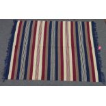 Contemporary striped kelim rug in blue, mushroom, red and ivory, 244cm x 179cm