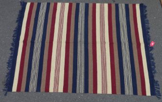 Contemporary striped kelim rug in blue, mushroom, red and ivory, 244cm x 179cm