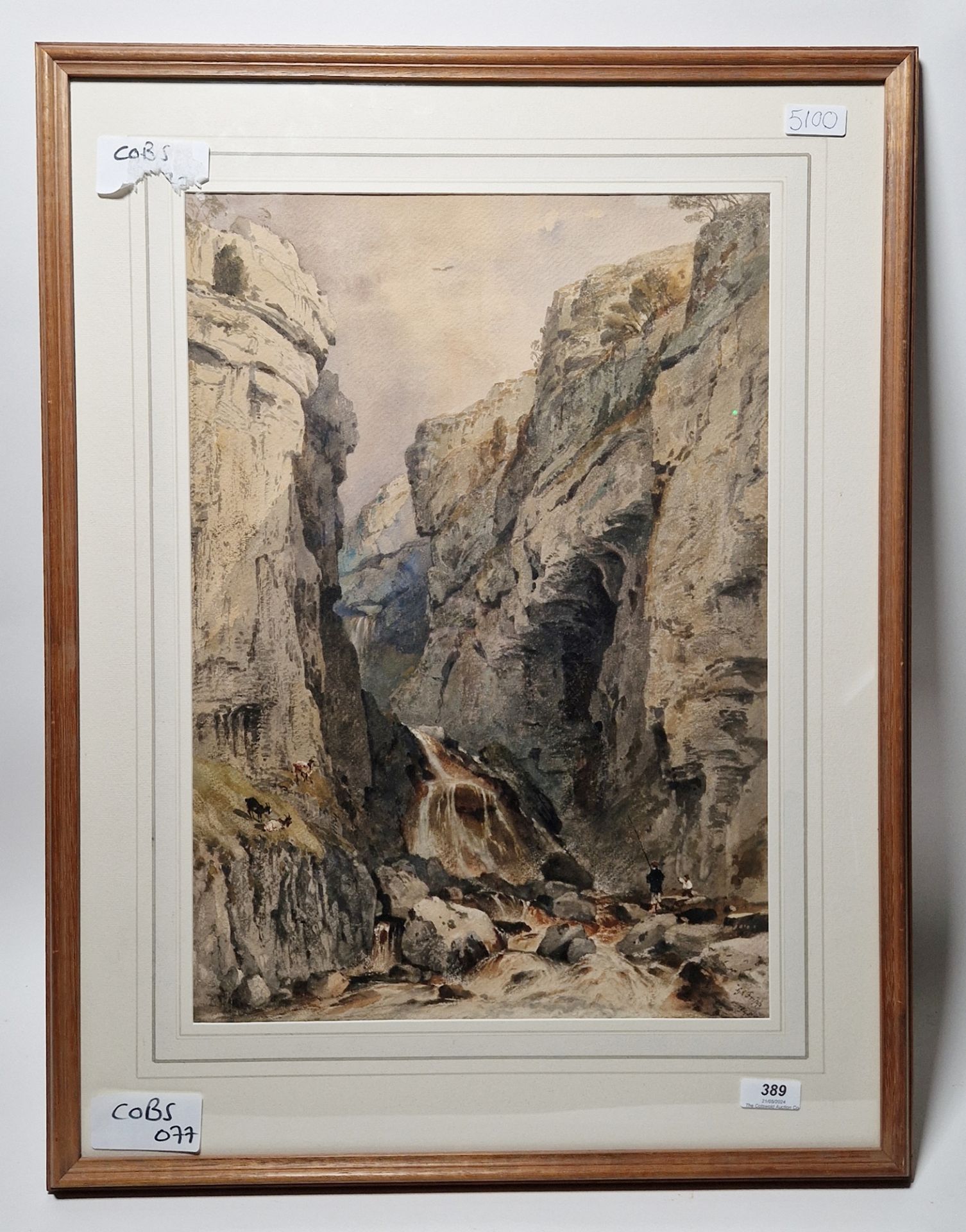 George Arthur Fripp RWS (1813-1896) Watercolour Men fishing in a rocky gorge with mountain goats - Image 2 of 3