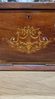 Edwardian marquetry inlaid fall-front stationery casket, the front with leather lined fold-out - Image 51 of 54