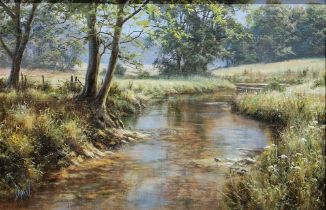 David Dipnall (1941-2023) Oil on canvas River landscape, signed lower left, 44cm x 29.5cm  Condition