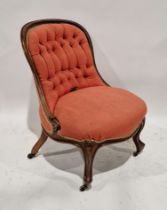 Victorian mahogany spoon back upholstered chair with button back, on front cabriole legs, on