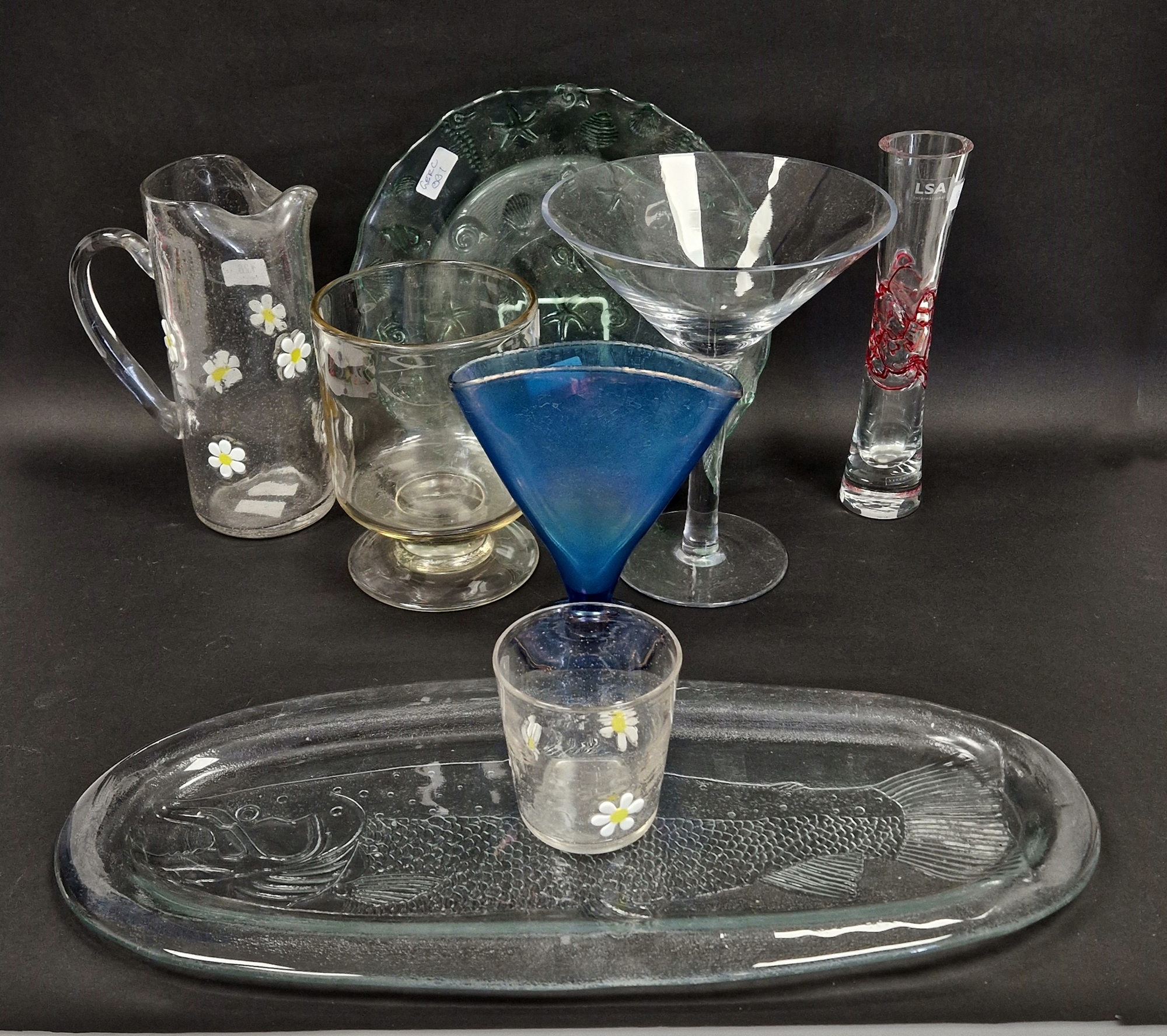 Handblown trifle bowl centrepiece, a large Martini glass, a pressed glass seafood platter in green