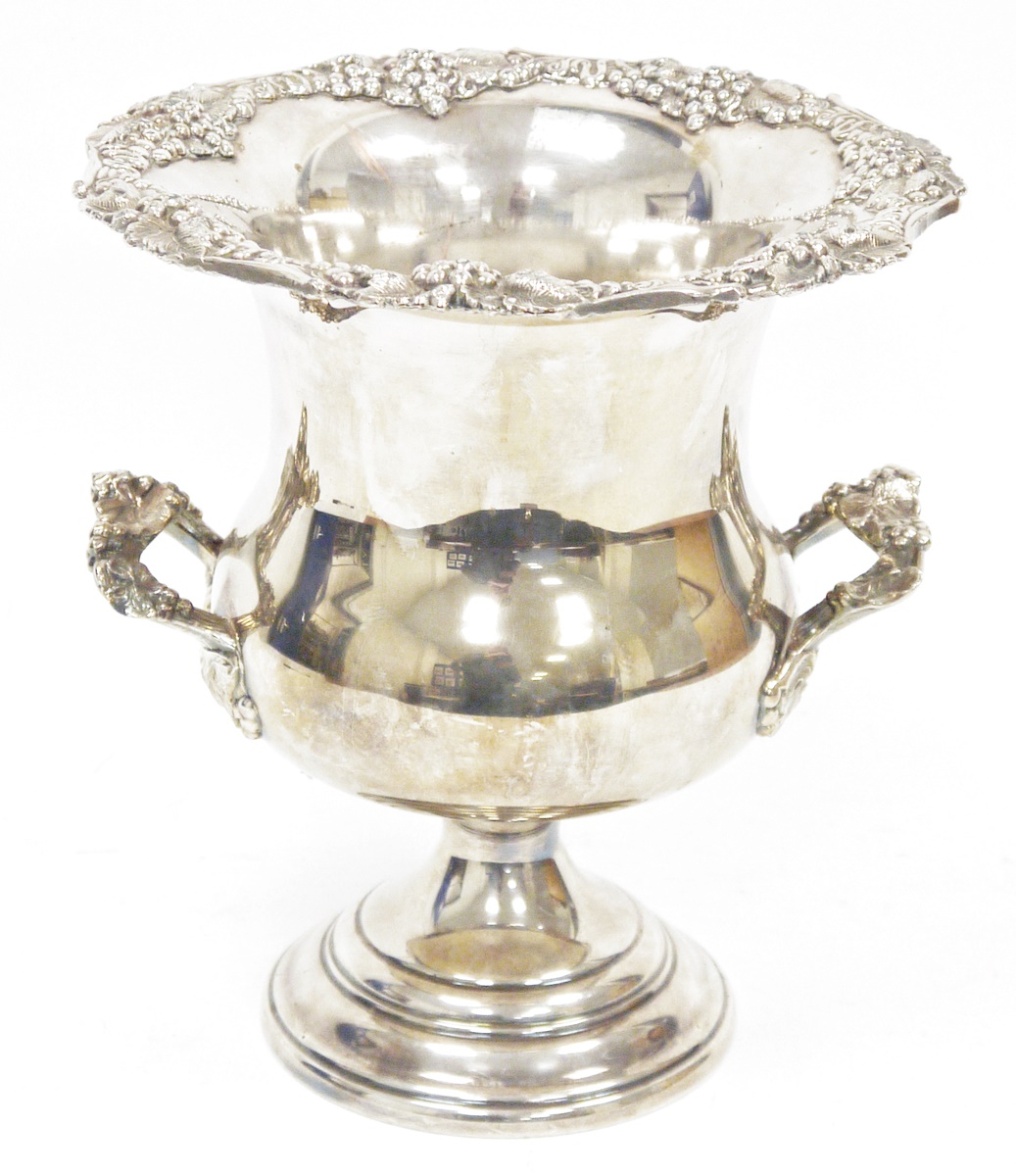 Large modern silver plated wine cooler in the form of a twin-handled urn, 24cm high