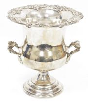 Large modern silver plated wine cooler in the form of a twin-handled urn, 24cm high