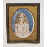 19th century watercolour portrait miniature on ivory of a girl, mounted in a metal frame, 10cm x