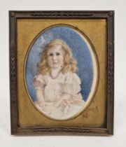 19th century watercolour portrait miniature on ivory of a girl, mounted in a metal frame, 10cm x