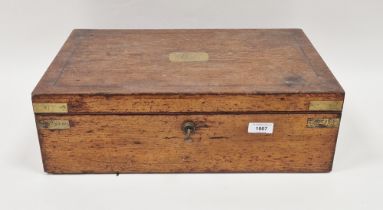 Old oak and brass-bound casket with three foil-lined compartments and having vacant brass escutcheon