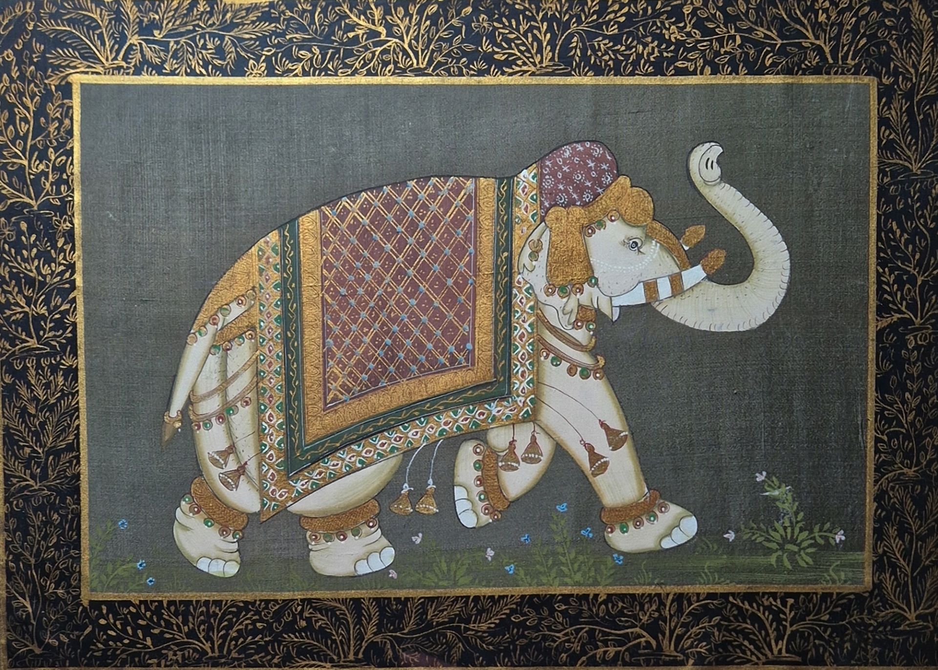 20th century Indian painting of a mughal style elephant on silk,  Gouache and gilding Within gilt