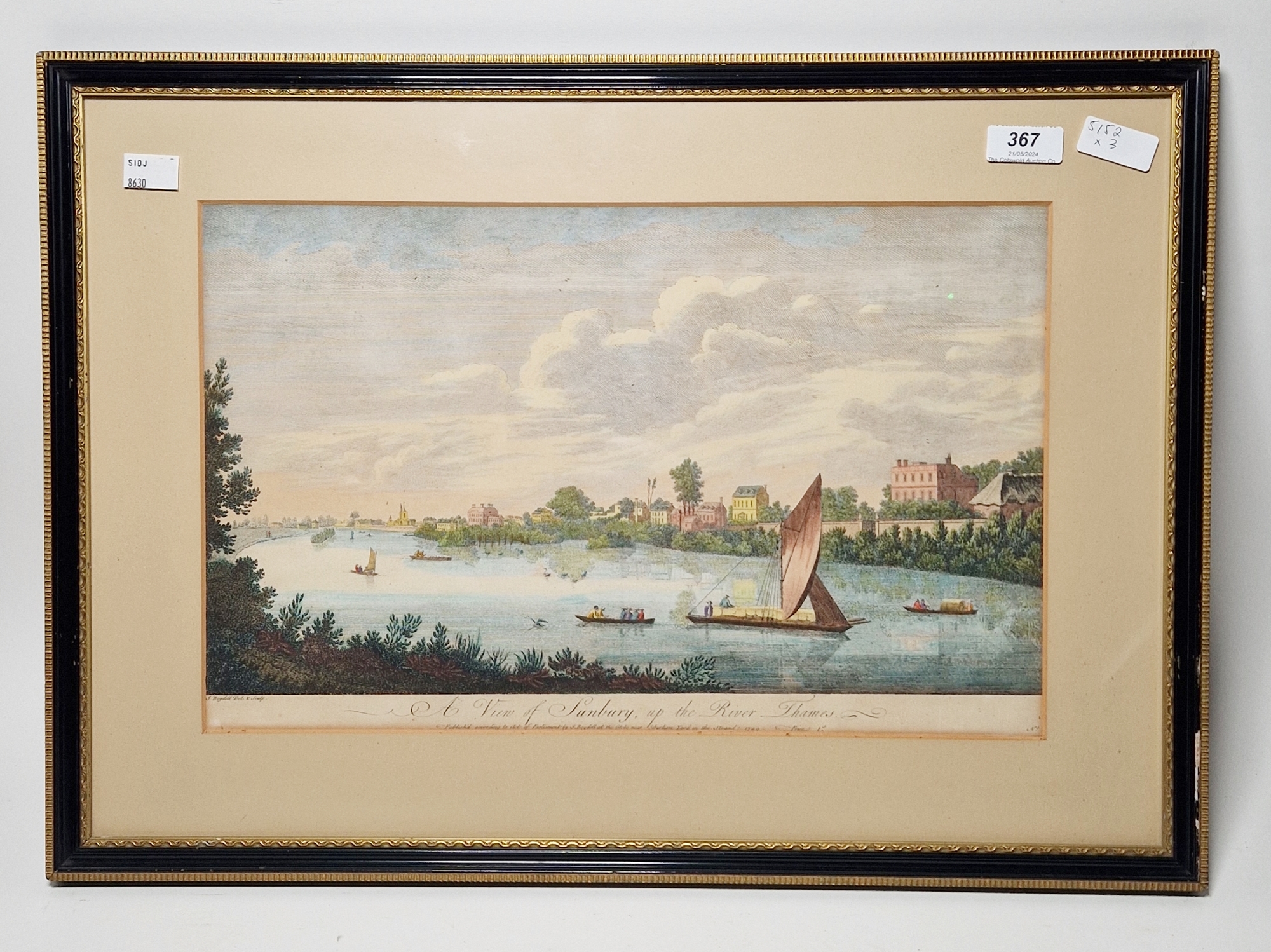 J Boydell Handcoloured engraving  "View of Shepperton", depicting horses and figures by the river, - Image 4 of 8
