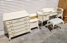 Mid-20th century cream and gilt-painted Louis XV-style bedroom suite of four pieces viz:- kidney-