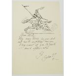 Osbert Lancaster (1908-1986) personalised drawing in black ink with a knight riding a horse, sent to