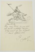 Osbert Lancaster (1908-1986) personalised drawing in black ink with a knight riding a horse, sent to