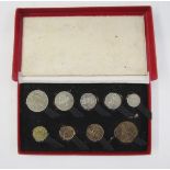 George VI 1950 proof set containing 9 coins, Half Crown to Farthing, the Threepence and Penny