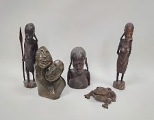 African ebony carved half-figure, female, two other African wooden carved figures, an African