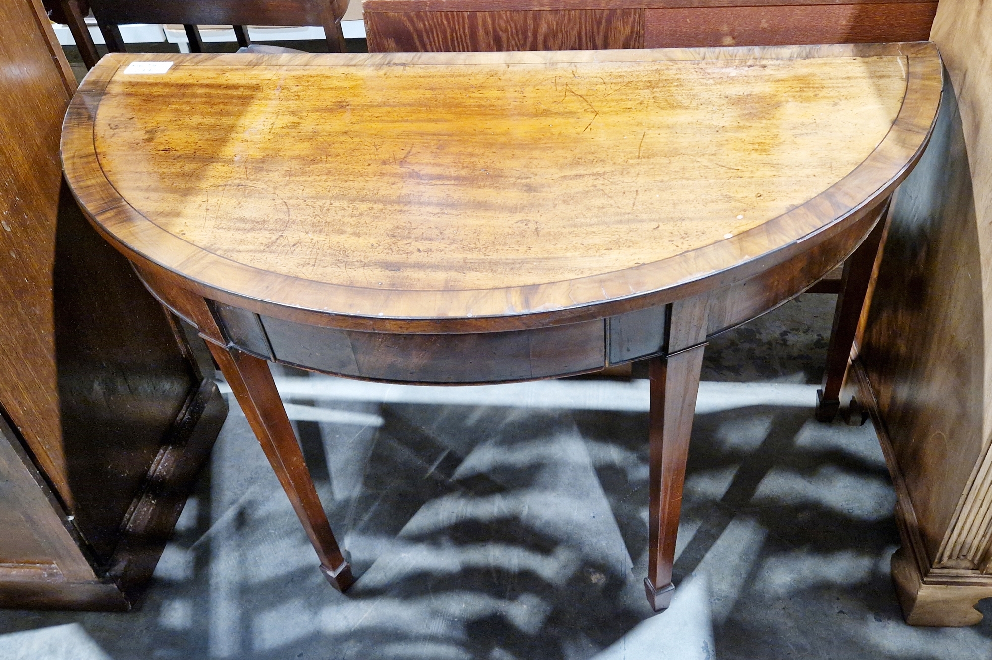 Victorian mahogany demi-lune hall table with ebony stringing, 72cm high x 121cm wide x 59cm deep