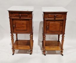 Pair 19th century marble-topped bedside cupboards, each with single drawer above cupboard, turned