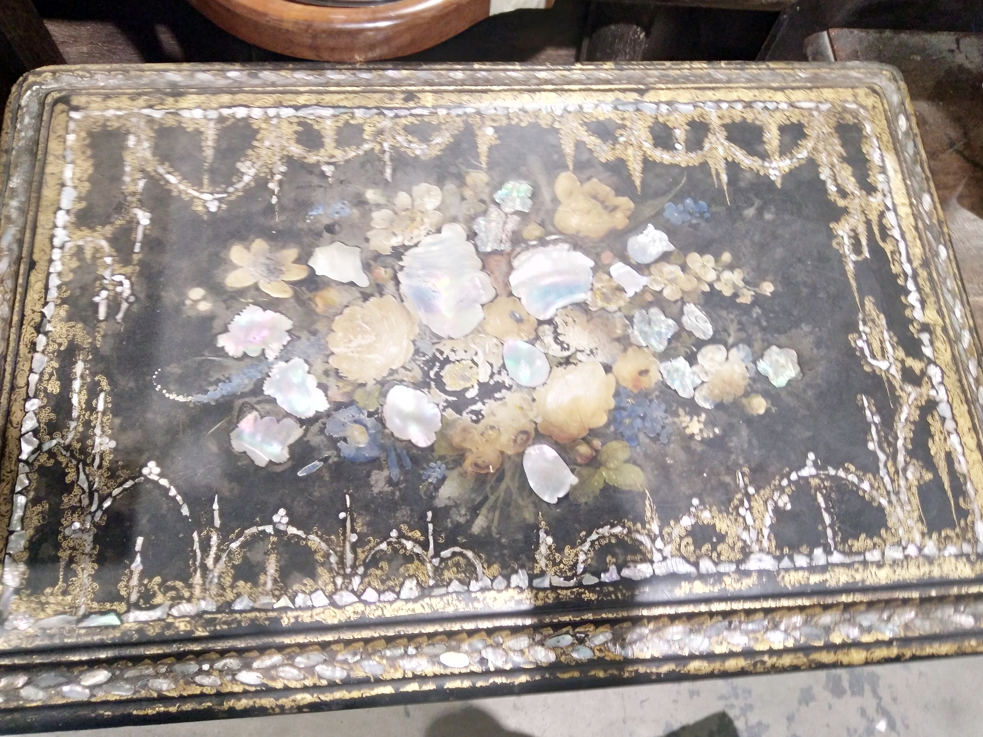 Victorian papiermache work table, the rectangular top inlaid with mother-of-pearl flowers and - Image 2 of 3