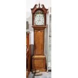 19th century oak and mahogany longcase clock, the hood with swan-neck pediment centred by brass