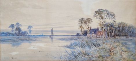 Robert Winter Fraser (1874-1904) Watercolour River scene with boat and dwellings, signed lower left,