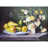 Paul Morgan (b.1940)  Oil/acrylic on canvas  Still life jug of flowers and plate of pears, signed