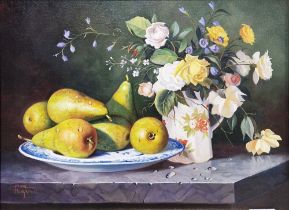 Paul Morgan (b.1940)  Oil/acrylic on canvas  Still life jug of flowers and plate of pears, signed