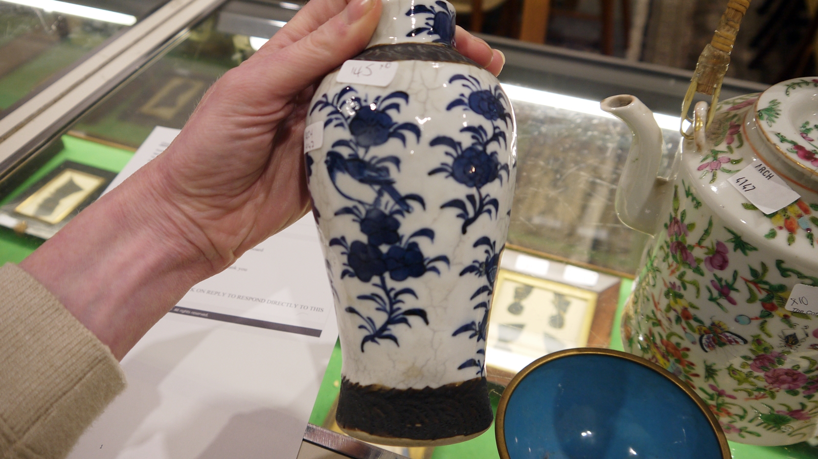 Canton famille rose cylindrical tea kettle and cover, an oviform vase, a pair of Kangxi blue and - Image 15 of 15