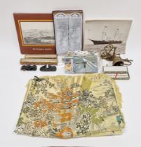 Modern machine made Chinese table cover/wall hanging with a fringe, two boxed souvenir fans, a boxed