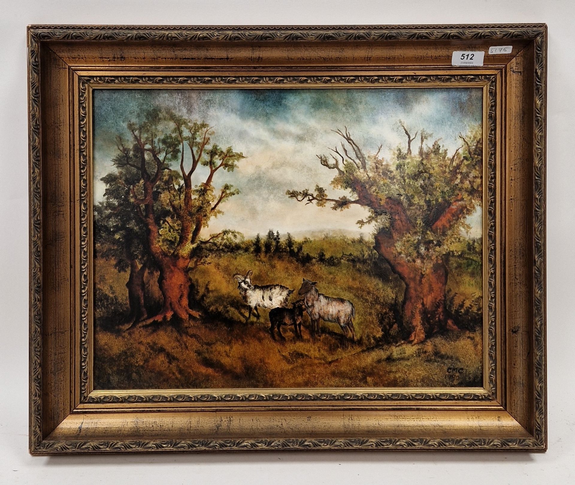 CMC Oil on panel Rural landscape with three sheep in foreground, initialled lower right and dated - Image 2 of 6