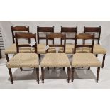 Set of three Regency mahogany brass inlaid dining chairs, each with reeded supports with stuffover