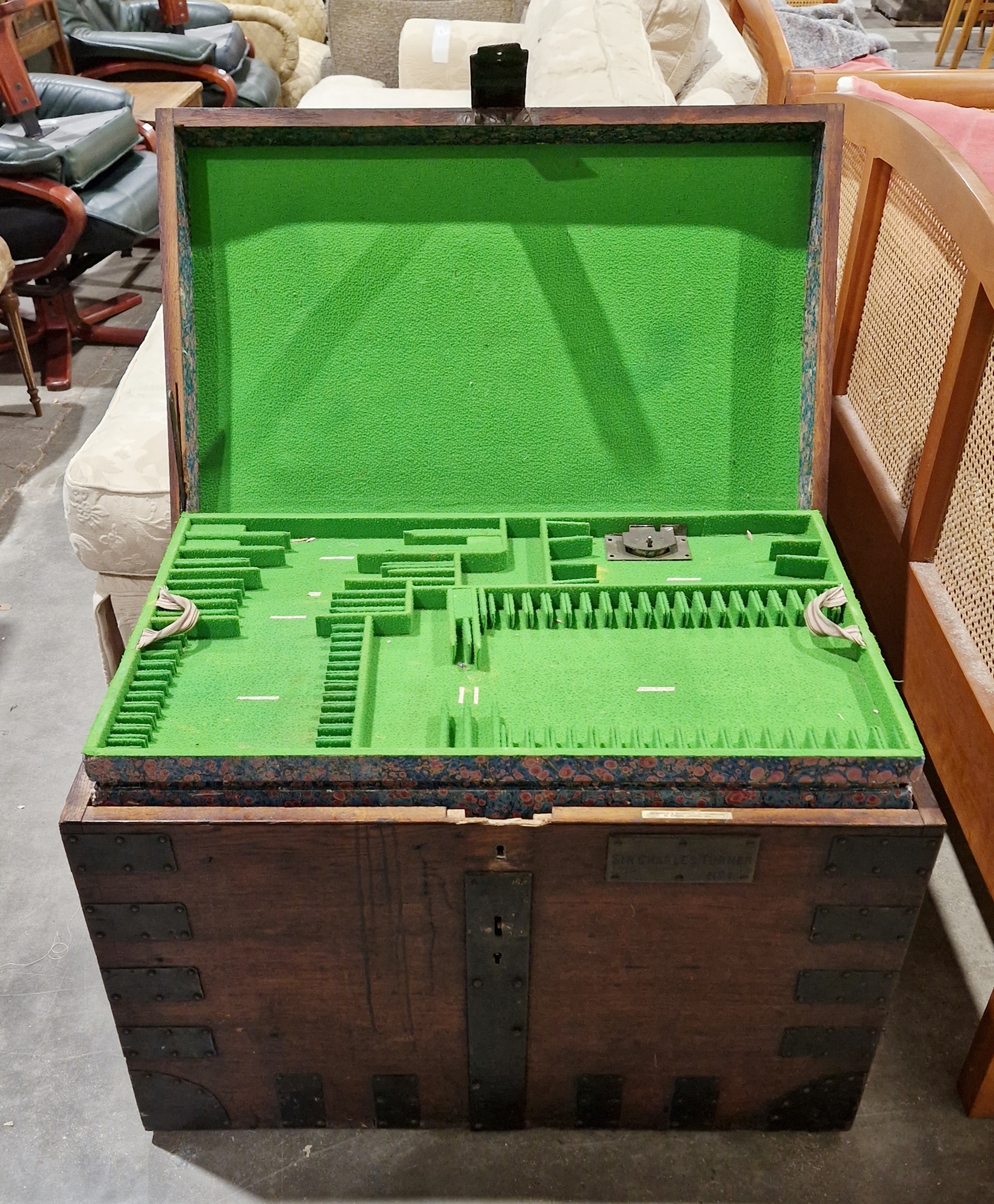 Victorian metal bound oak silver chest by Chapple & Mantell, the lid opening to reveal a variety - Image 6 of 8