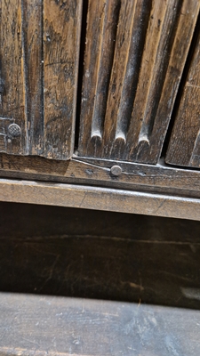 18th century oak dole cupboard, the two cupboard doors with turned spindle sections, carved and - Image 23 of 25