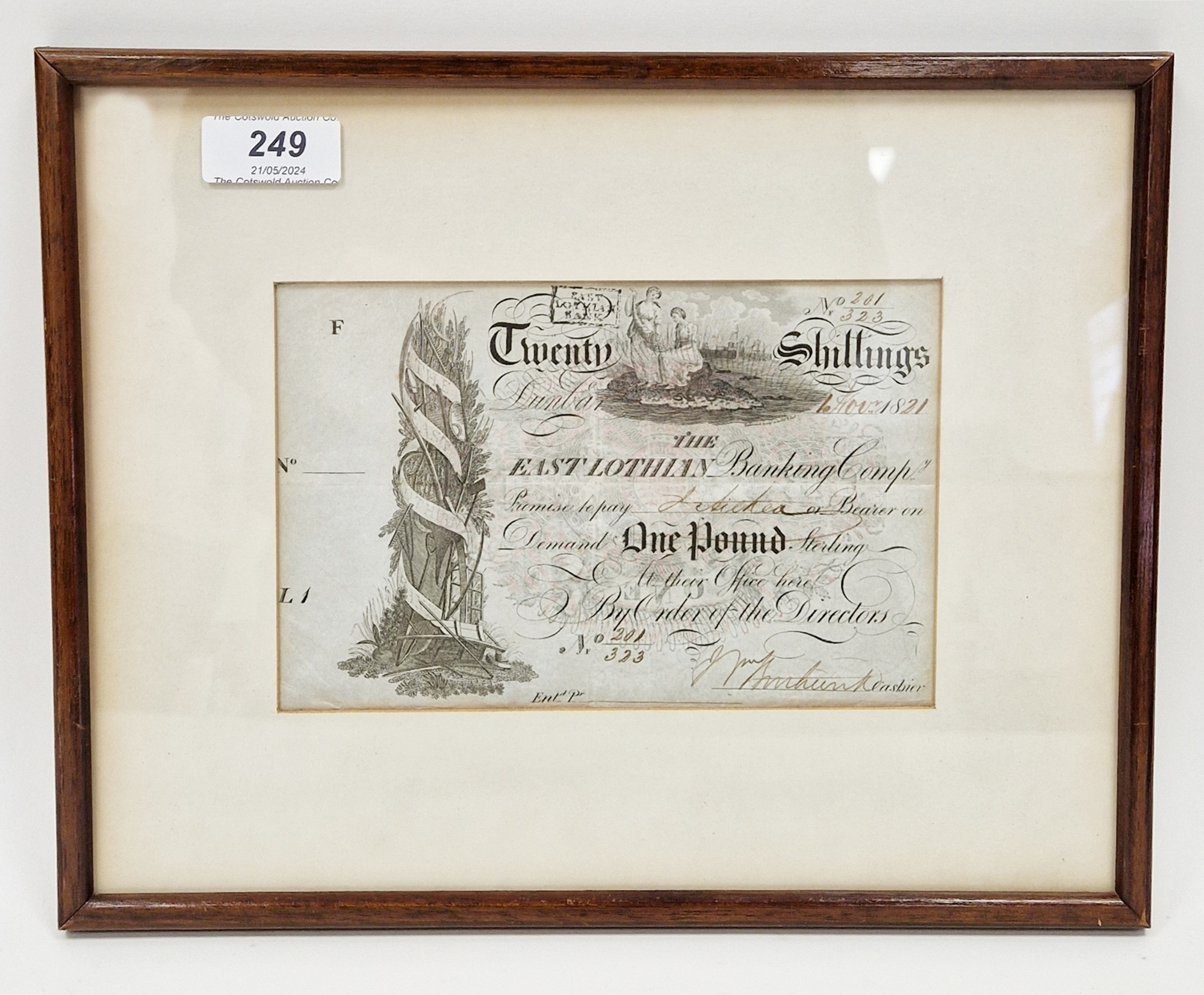 East Lothian Banking Company banknote for 20 shillings dated 16th November 1821 and no.201/323,