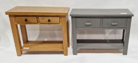 Contemporary grey painted side table with two drawers above a shelf, 75.5cm high x 100cm wide x 35cm