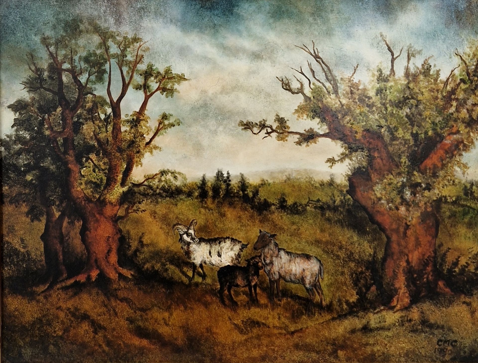 CMC Oil on panel Rural landscape with three sheep in foreground, initialled lower right and dated - Image 4 of 6