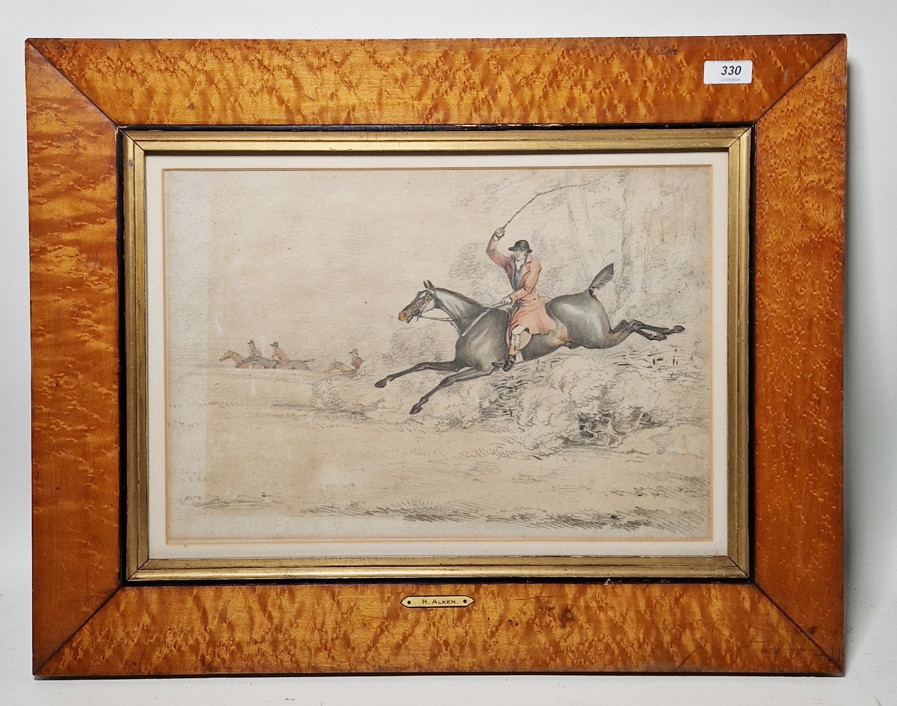 Attributed to Henry Alken (1810-1894) Watercolour and pencil drawing Huntsman jumping a fence, - Image 2 of 2