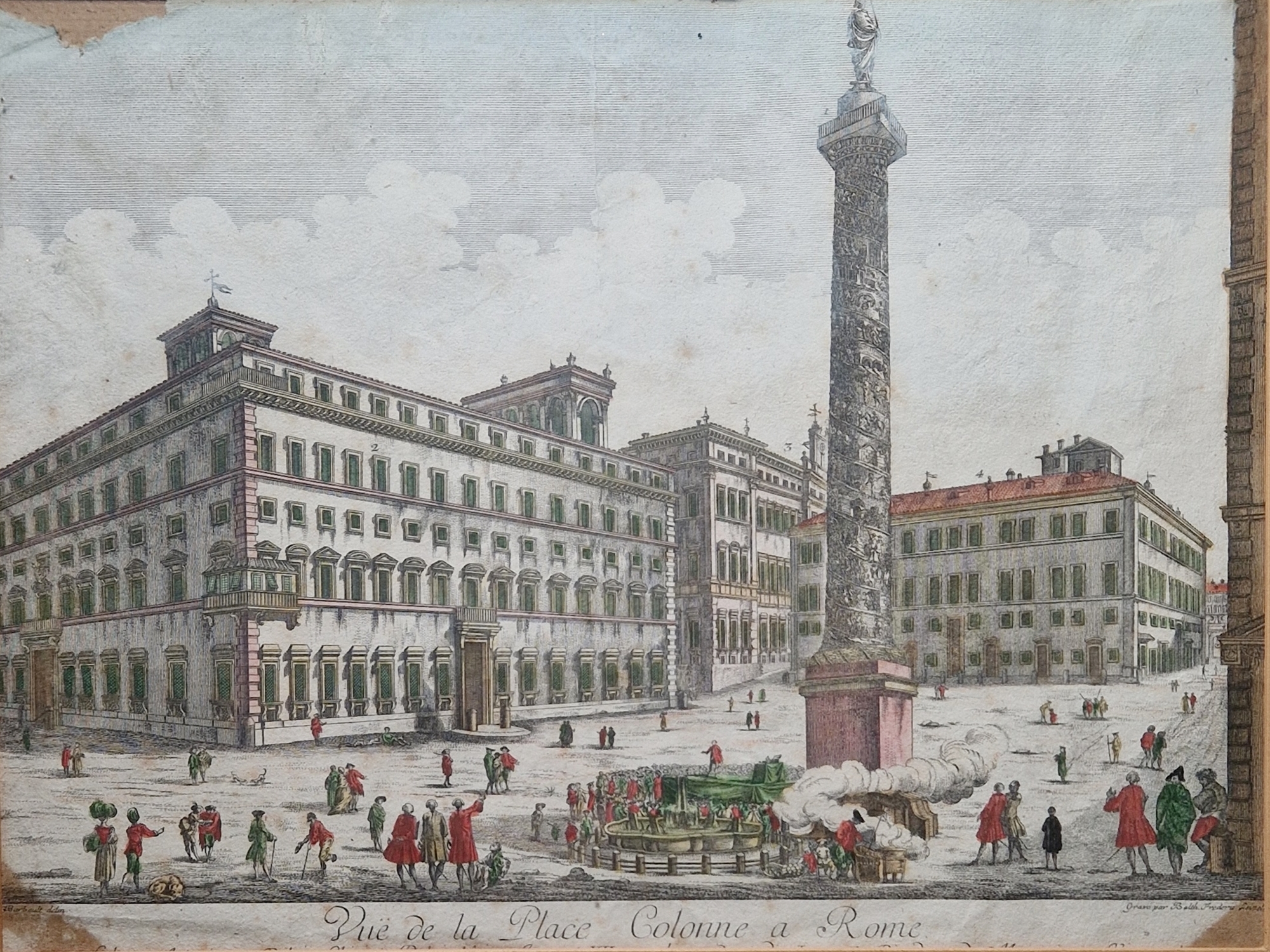 After Barbault, Vue de la Place Colonne a Rome, hand coloured engraving by Balthasar Frederic