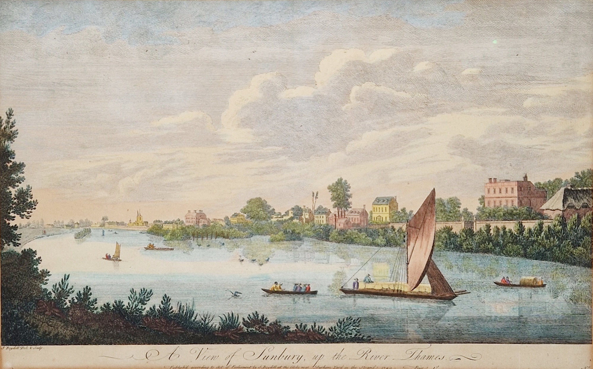 J Boydell Handcoloured engraving  "View of Shepperton", depicting horses and figures by the river,