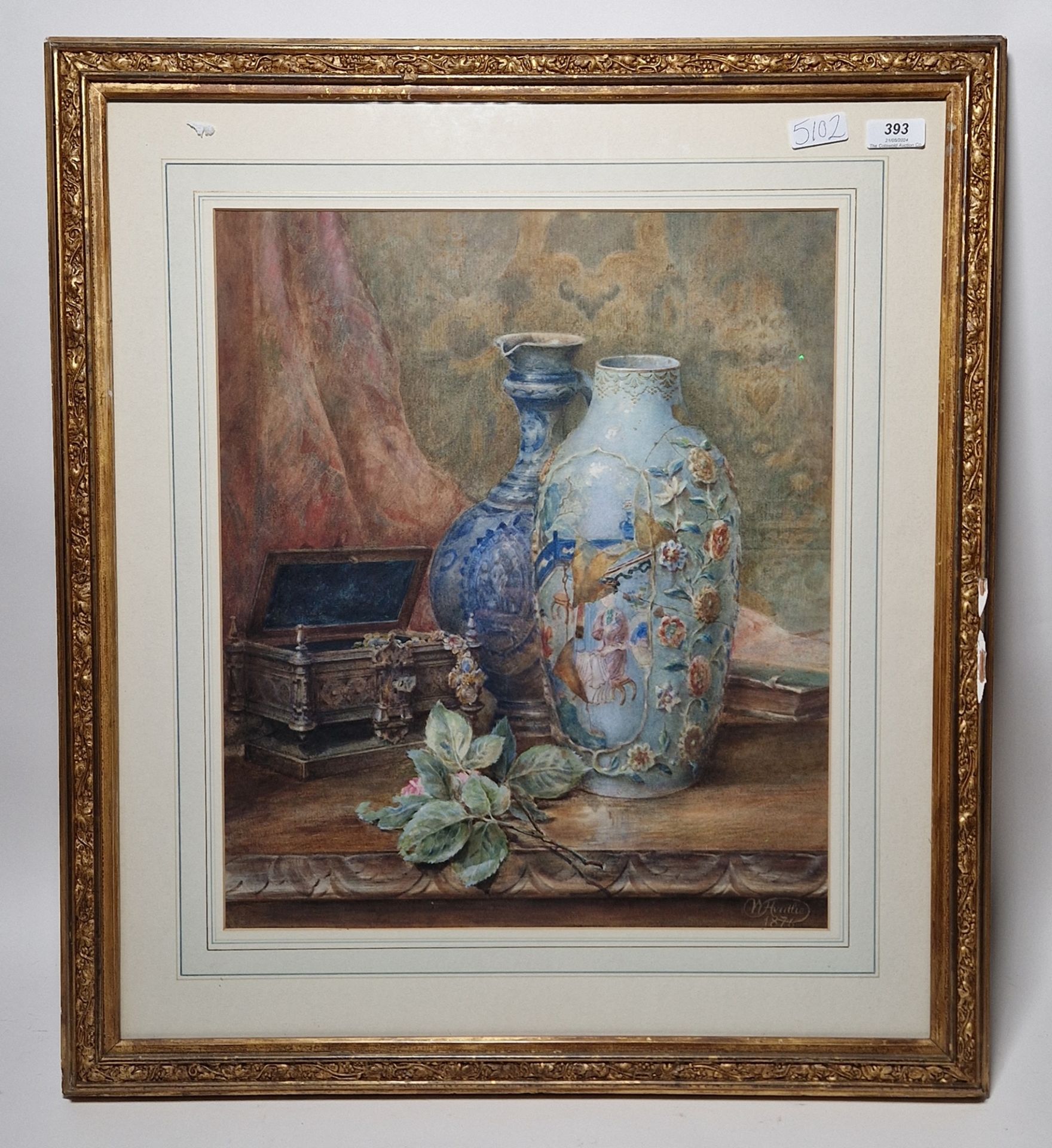 William Heatlie (1848-1892) Watercolour Still life of a Chinese vase, Flemish jug and casket of - Image 2 of 3