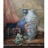 William Heatlie (1848-1892) Watercolour Still life of a Chinese vase, Flemish jug and casket of
