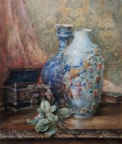 William Heatlie (1848-1892) Watercolour Still life of a Chinese vase, Flemish jug and casket of